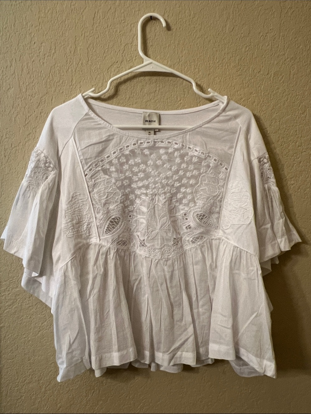 Maeve White Embroidered Flutter-Sleeve Peasant Top